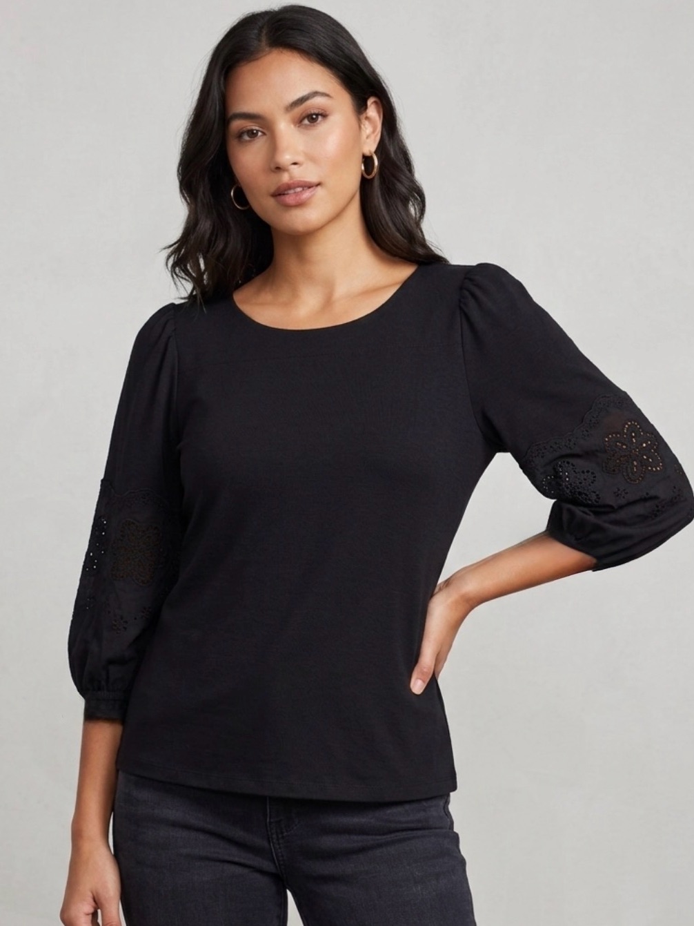 Current Air Black Puff Sleeve Eyelet Blouse Size L